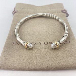 David Yurman Sterling Silver & 14k Gold Pearl 5mm Cable Cuff Bracelet Size Small